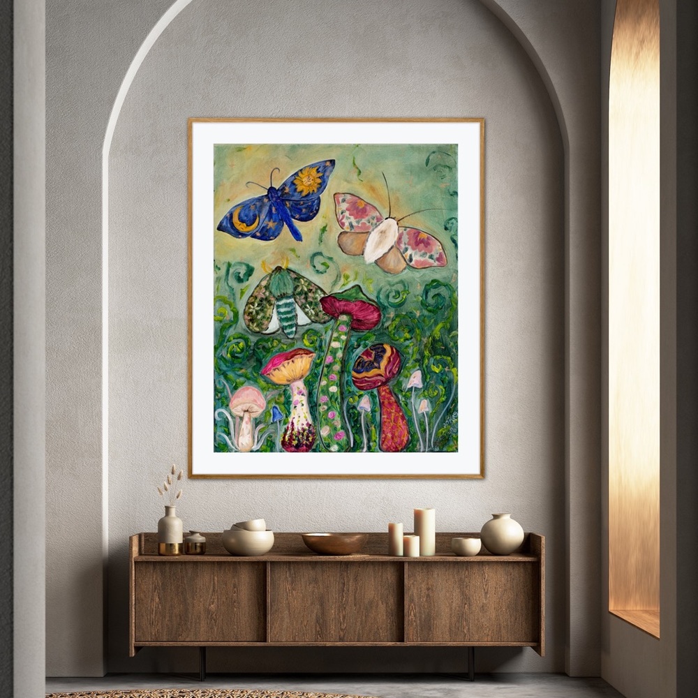 Gypsy Moths Mushrooms Art Print Oil Painting Colorful Whimsical fantasy nature - Picture 4 of 7